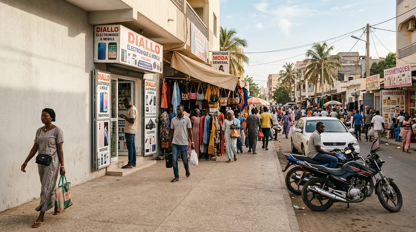 Rue commerçante animée de Dakar, boutiques et passants